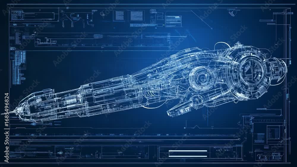 Poster futuristic spaceship hologram being projected on monitor displaying technical blueprints