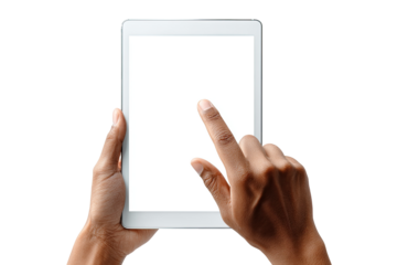 Hands holding a white tablet with blank screen, finger touching