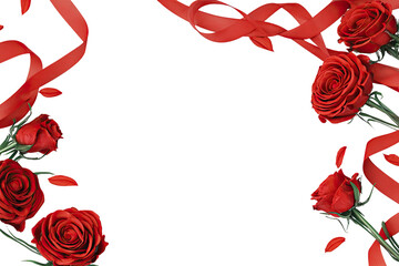 Red roses and ribbons frame, black background