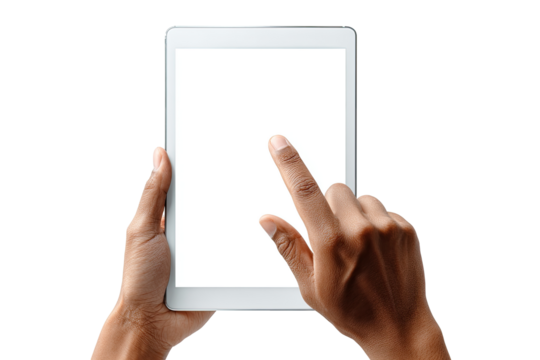Hands holding a white tablet with blank screen, finger touching