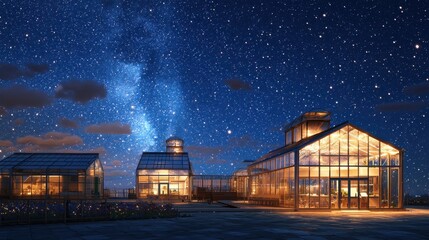 Obraz premium Stars illuminate modern greenhouse structures at night in a serene rural setting
