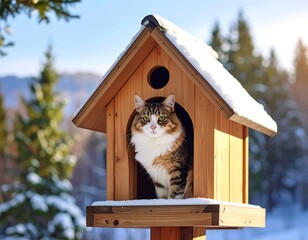 Cat in a snowy wooden house