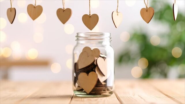 Wooden hearts in jar with bokeh