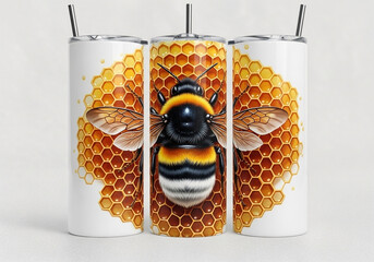 Three clear, cylindrical tumblers, each featuring a detailed image of a bumble bee in the center