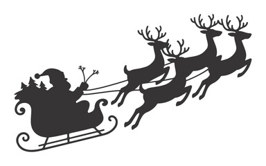 Christmas Vector Silhouette of Santa Claus Flying Sleigh with Reindeer Holiday Design