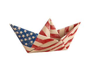 A paper boat crafted from an aged, distressed American flag design