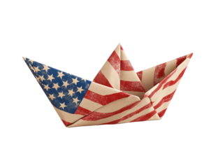 A paper boat crafted from an aged, distressed American flag design