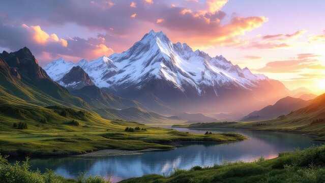 A scenic view of snow capped mountains with a river flowing through a lush green valley at sunset - Powered by Adobe