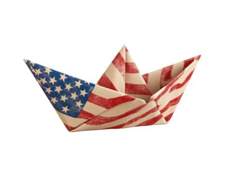 A paper boat crafted from an aged, distressed American flag design - Powered by Adobe