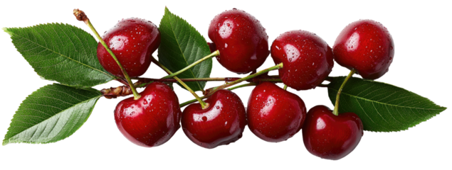 Close-up of fresh, ripe cherries on a branch with leaves. 