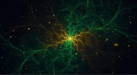 Fototapeta premium Abstract Cosmic Energy Explosion with Green and Yellow Fractal Light Patterns in Space