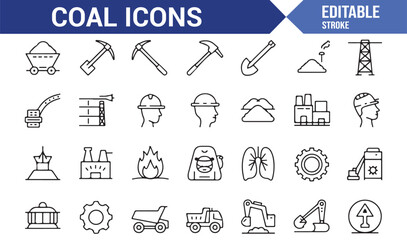 Stroke style coal icons pack including shovel, helmet, fire, gear, smoke, and industrial transport symbols
