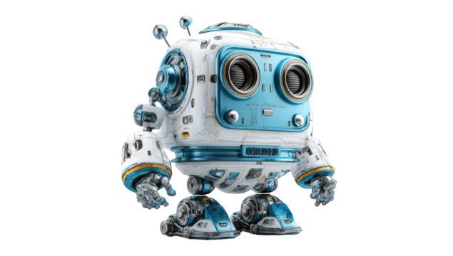 Cute, futuristic robot. 3D render of a small, friendly robot, with light blue accents and white chassis, designed for a child-friendly audience