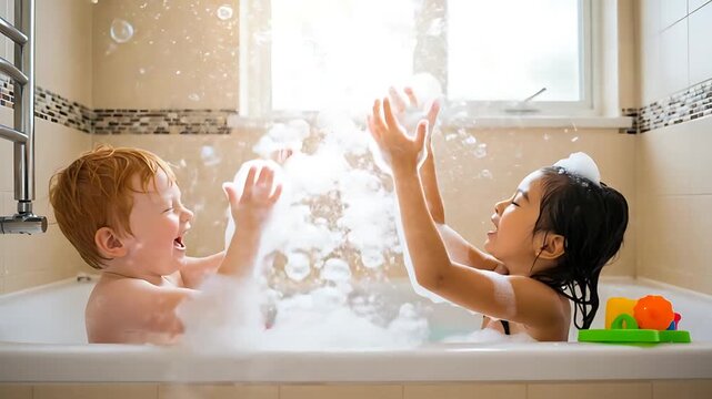 Joyful Bubble Bath Time: Children's Fun and Laughter in a Foam-Filled Bathtub Delight, capturing