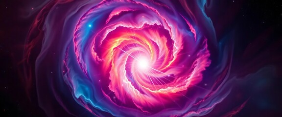 Vibrant cosmic rays explode from center in swirling nebula, stars, nebula