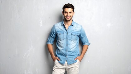 Smiling Man in Denim Shirt and Khaki Pants Against Gray Wall