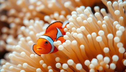 Vibrant orange clownfish amidst fluffy white anemones, shallow depth of field,  ocean,  marine