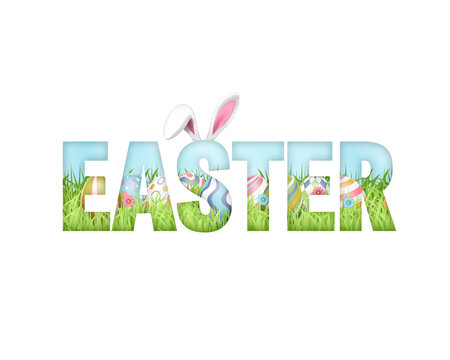 Easter text effect with bunny ears, grass and colorful eggs
