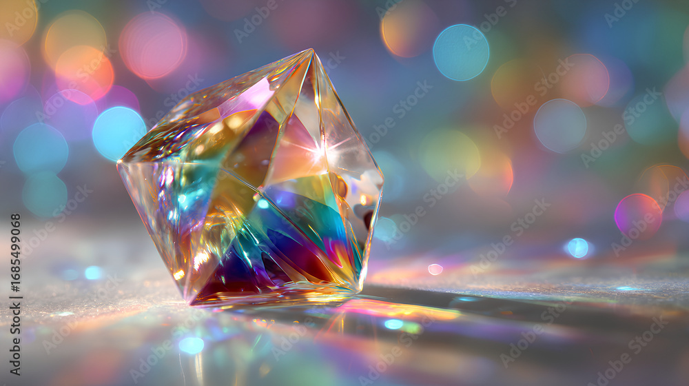 Poster rainbow prism with colorful glow, sparkle light, bokeh and lens flare on transparent background with