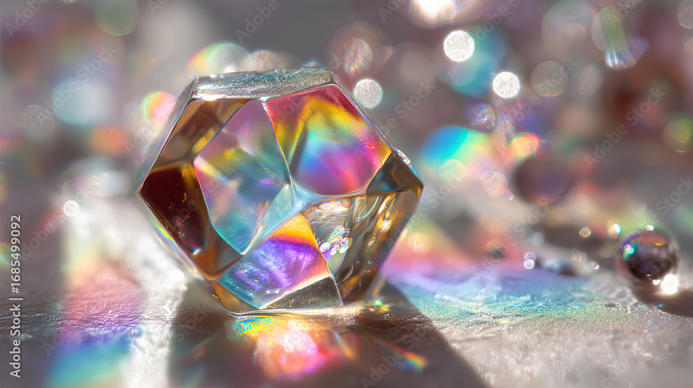 Poster rainbow prism with colorful glow, sparkle light, bokeh and lens flare on transparent background with