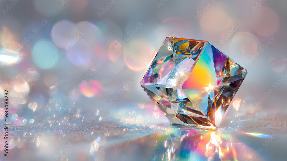 Poster rainbow prism with colorful glow, sparkle light, bokeh and lens flare on transparent background with