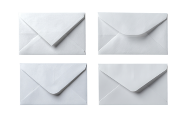 Four blank white envelopes arranged in a grid.  Each envelope shows the folded flap,  a rectangular shape, and subtle texture