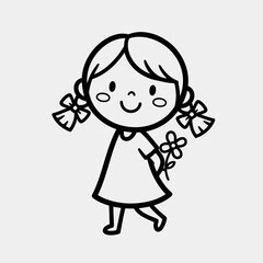 Vector vector art of cute cartoon girl with pigtails holding a flower transparent background