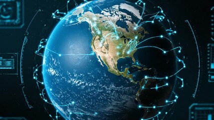 A digital representation of Earth, showcasing global network connections and data flow. - Powered by Adobe