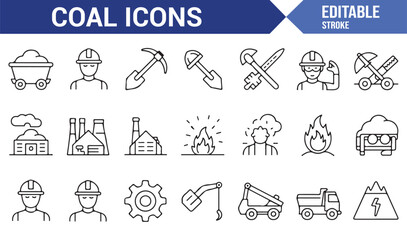 Editable stroke coal icons collection with miner, pickaxe, excavator, dump truck, and industry graphics