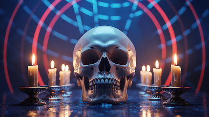 Mysterious skull illuminated by candles amidst neon rings for occult ritual theme