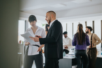A diverse group of professionals collaborating and discussing projects during a dynamic office...
