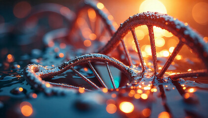 A sleek and modern abstract round frame inspired by DNA structures, featuring intertwined double helix patterns and molecular motifs, symbolizing human genetics. 