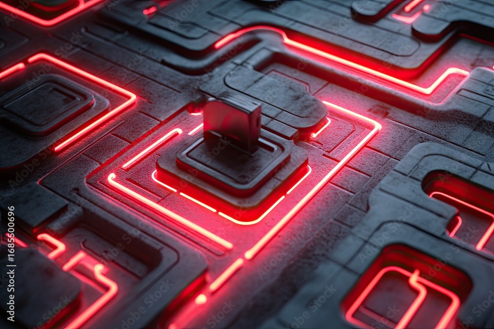 Poster a dark metallic surface with a grid-like pattern, neon red lines outlining pathways, and a small, da