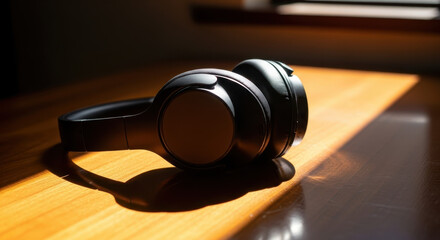 Wireless headphones on wood surface, illuminated by sunbeam, creating contrast. Wireless headphones for listening to music provide comfort.