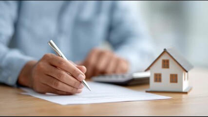 Professional accountant reviewing mortgage paperwork, analyzing financial details, calculating household expenses for home purchase at modern office workspace
