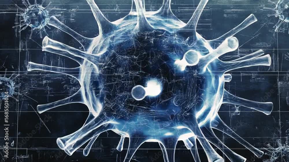 Poster microscopic view of virus cells emerging from blueprint