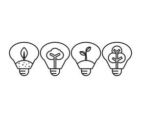 tree in light bulb line icons set
