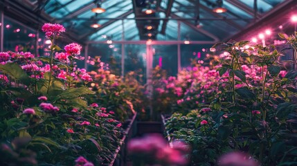 Colorful flowers bloom inside a greenhouse filled with vibrant greenery and warm lighting during the evening