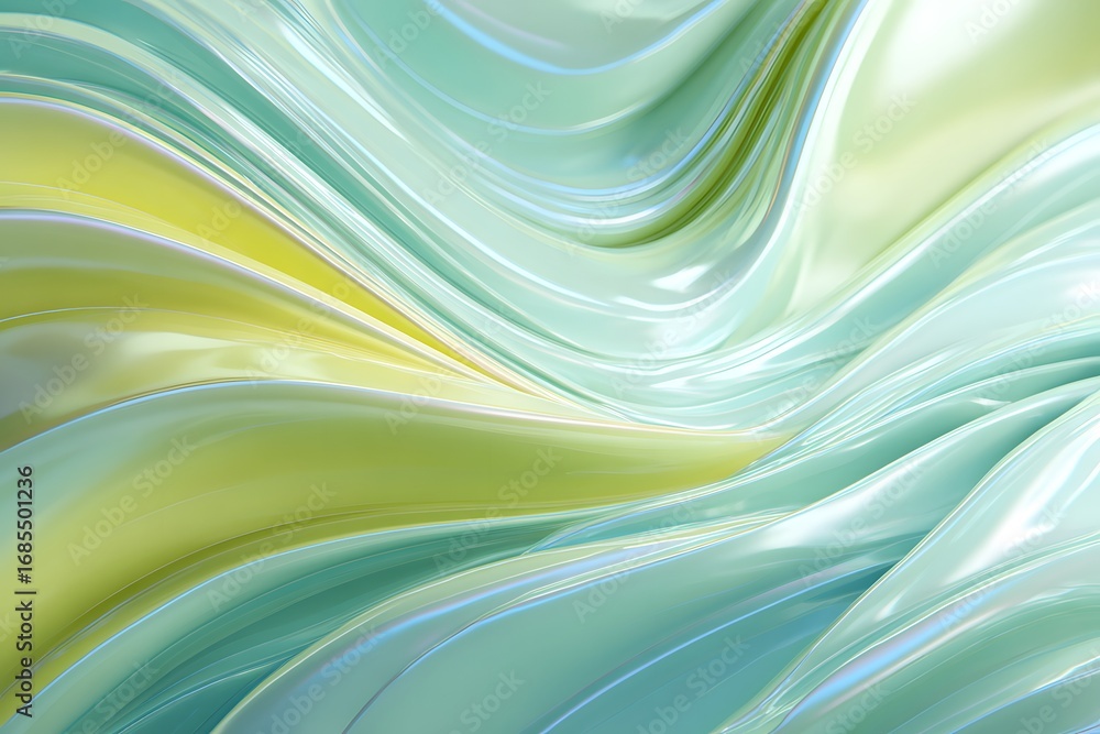 Poster 3d rendering of flowing liquid shapes in light green and blue colors. abstract background with soft 