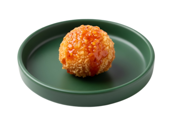 A crispy, fried food ball, drizzled with a spicy orange sauce, sits on a dark-green plate, isolated against a black background.