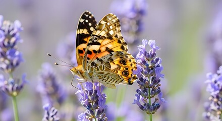 Obraz premium Painted Lady Butterfly Sipping Nectar From Lavender Flowers in a Serene Meadow on a Sunny Day Pollination in Action