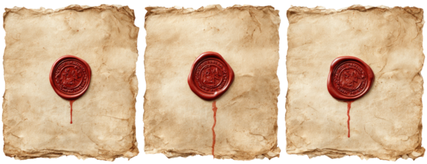 Three antique documents, each sealed with a red wax seal