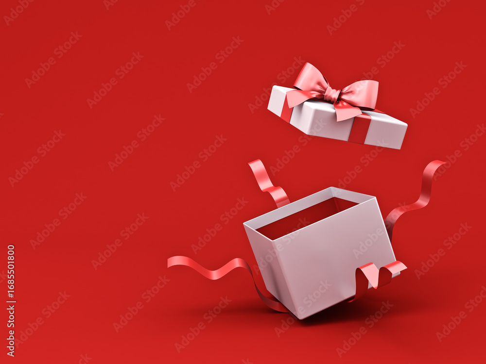 Poster blank white present box open or gift box product mockup display showcase with red ribbons and bow is