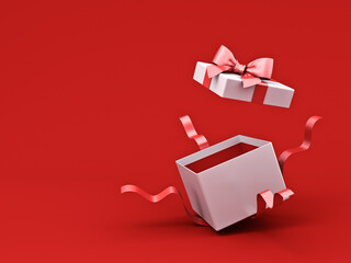 Blank white present box open or gift box product mockup display showcase with red ribbons and bow isolated over dark red background with shadow and blank space minimal conceptual 3D rendering