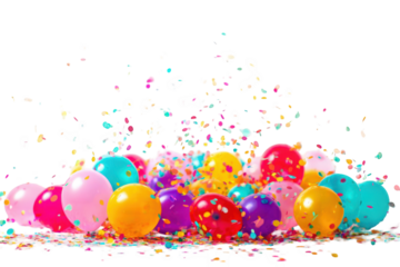 Colorful balloons and confetti explode on black background