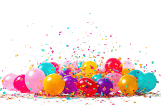 Colorful balloons and confetti explode on black background