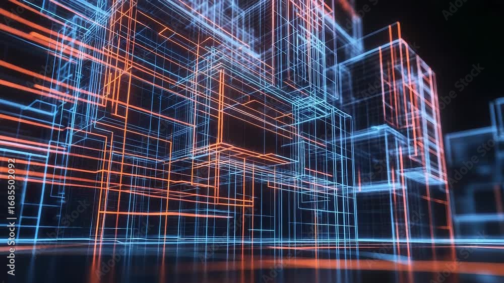 Poster futuristic glowing lines creating abstract architectural structures