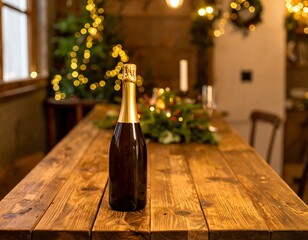 Champagne bottle on rustic wooden table amidst Christmas decorations