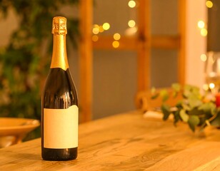 Champagne bottle on wooden table in a warm interior