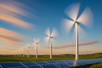 Wind Turbines with Spinning Blades and Solar Panels at Sunset